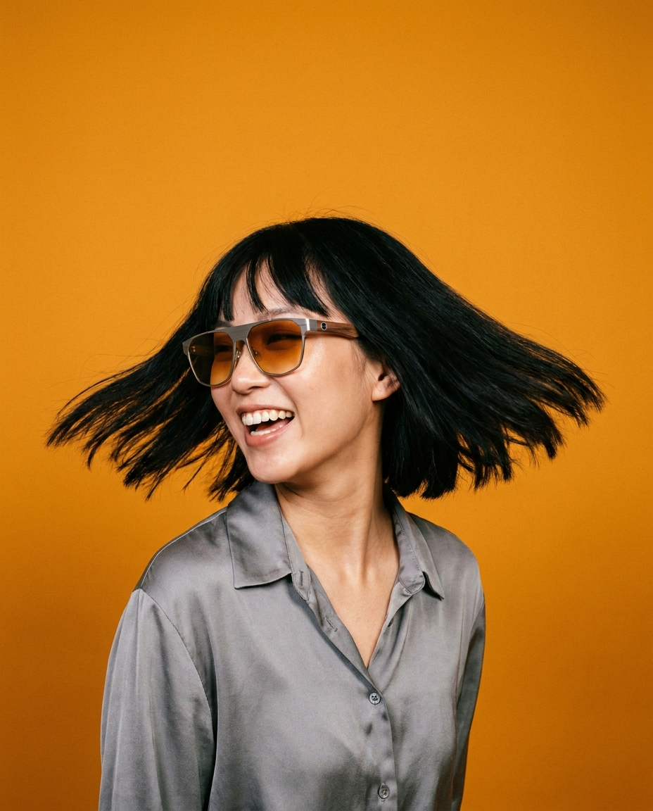 Generated studio photo: a woman with a chin-length black bob mid-twirl in titanium Noon sunglasses against a saturated amber backdrop